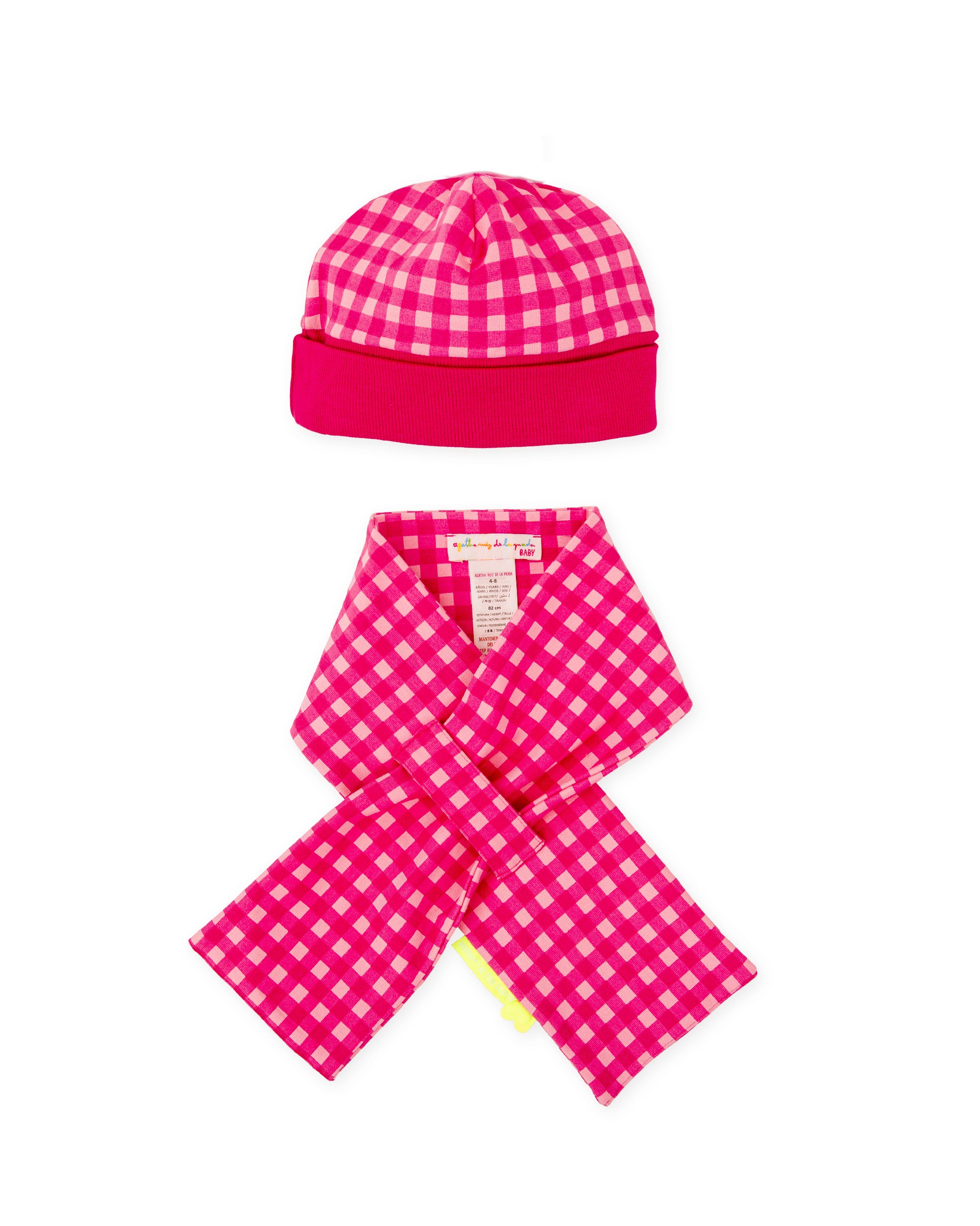 CONJUNTO GORRO Y BUFANDA CUADROS FUCSIA