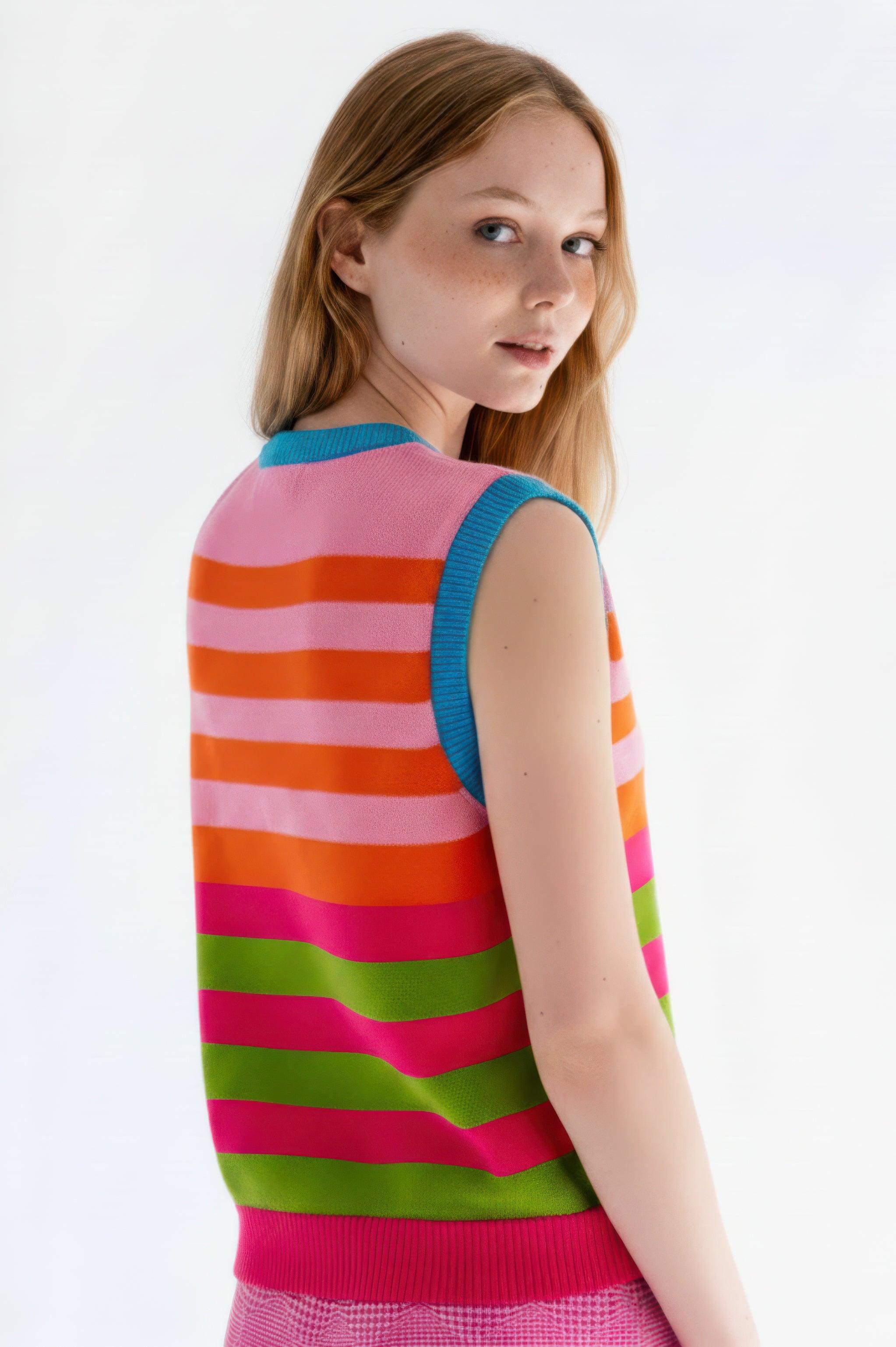 Chaleco sin mangas de punto a rayas multicolor con ribete azul y dobladillo magenta