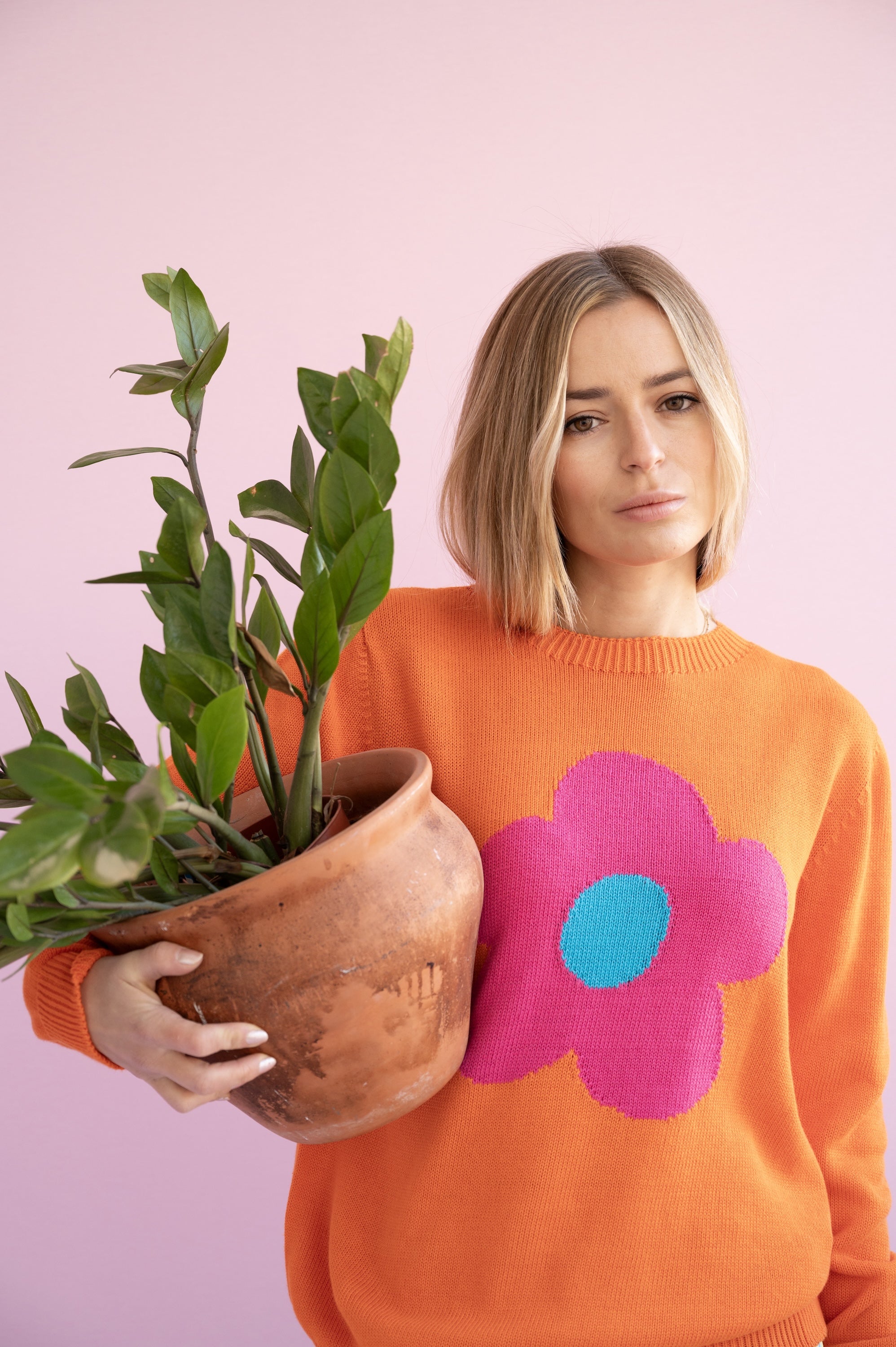 MAGLIA COTONE DONNA ARANCIONE FIORE