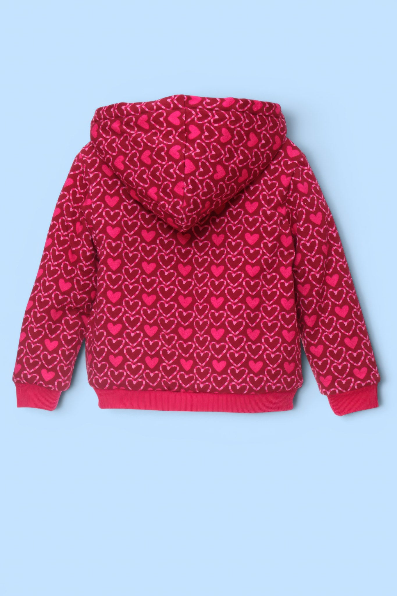 SHEEPSKIN COAT WITH ZIPPER, HOOD, AND FUCHSIA HEARTS