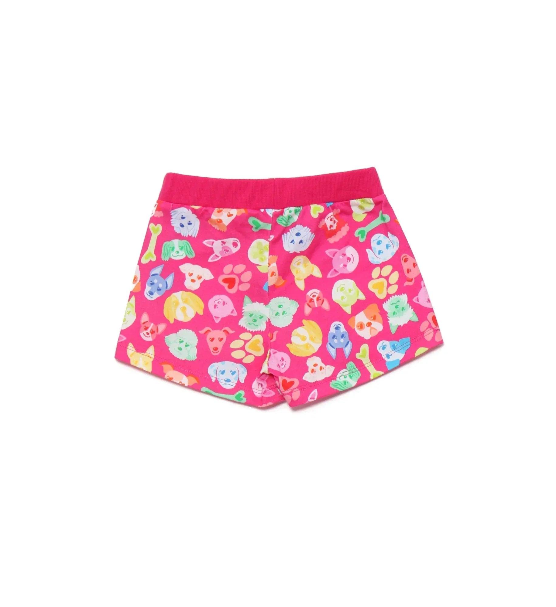 Shorts fucsia con estampado de perros multicolor, pierna ancha y cintura elástica