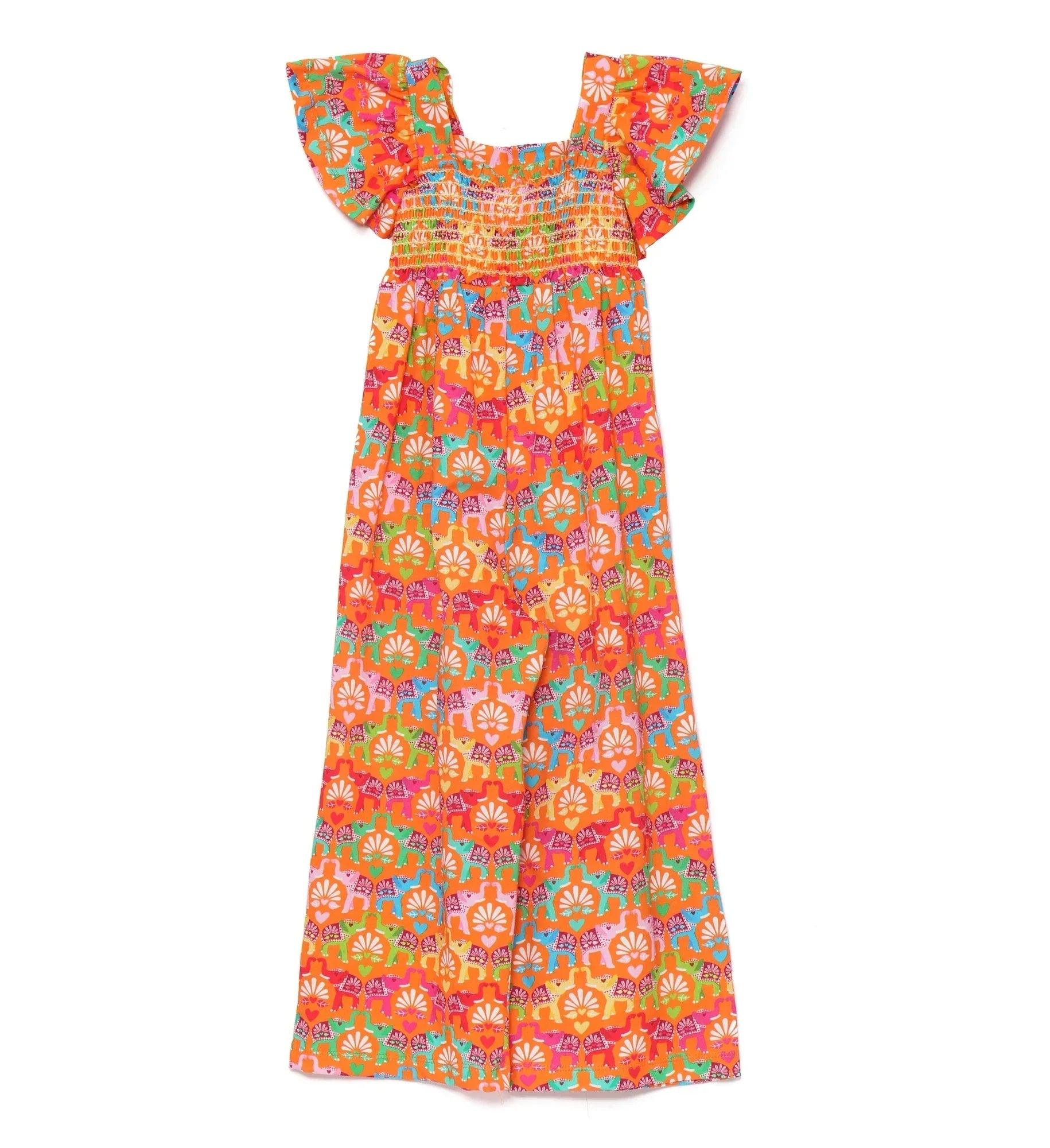 Vestido largo estampado multicolor naranja con mangas acampanadas y falda amplia
