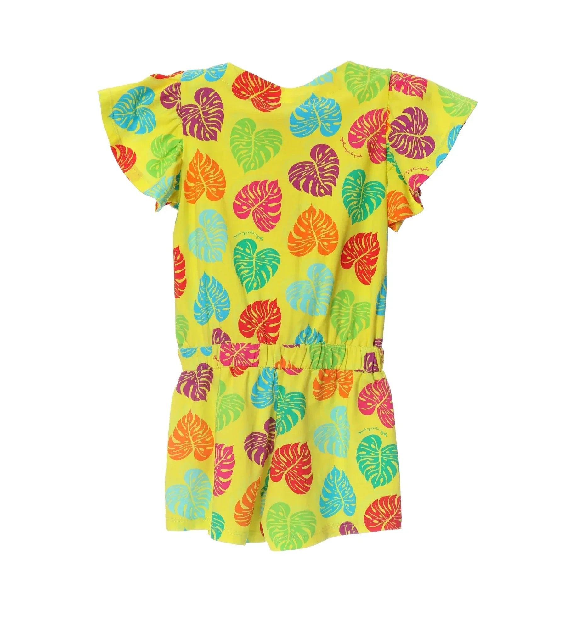Mono infantil amarillo con hojas tropicales multicolor, manga corta y cintura fruncida