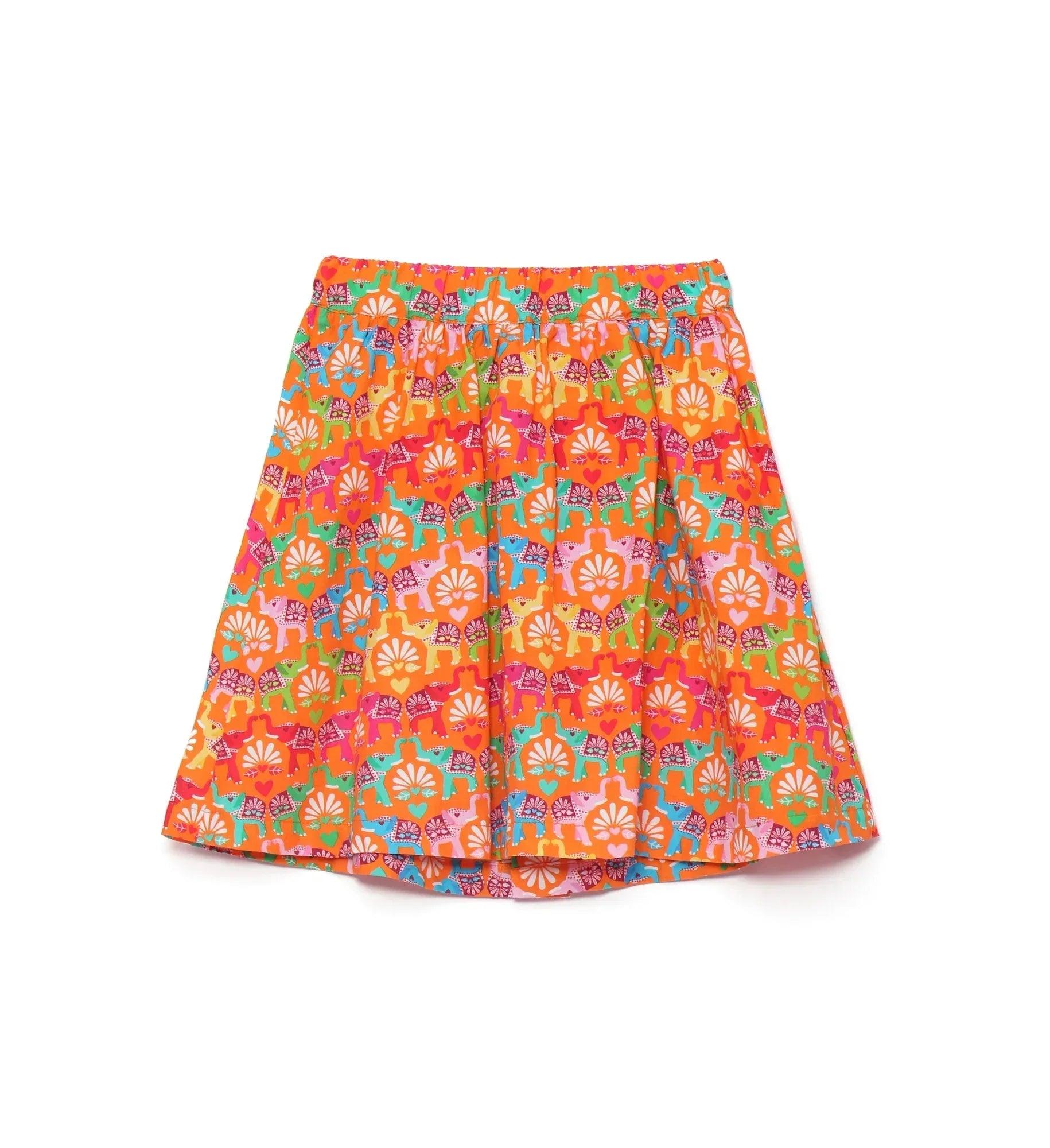 Falda estampada naranja con cintura elástica y vuelo, diseño de animales coloridos y flores