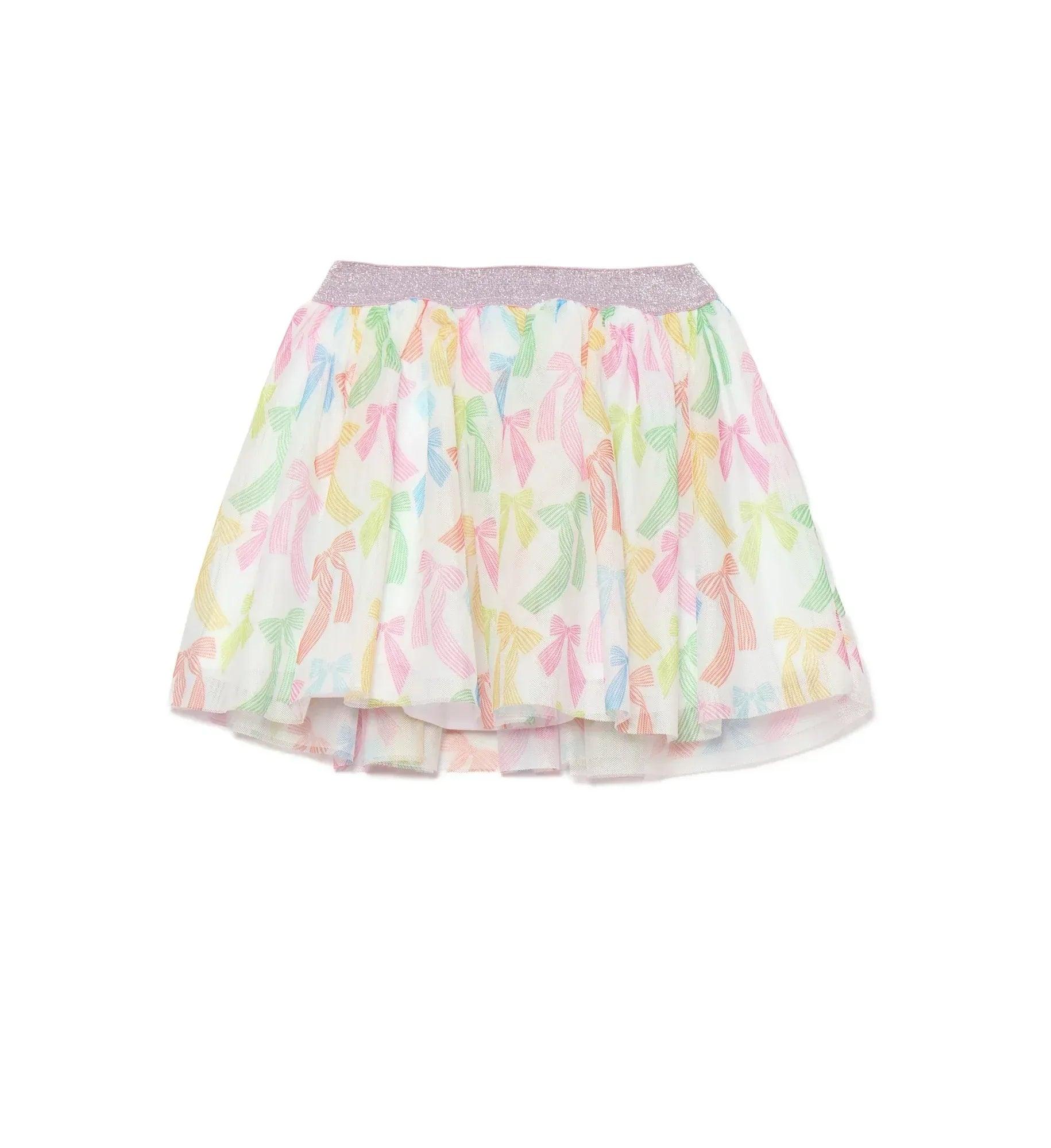 Falda de tul con cintura elástica lavanda y estampado multicolor de lazos