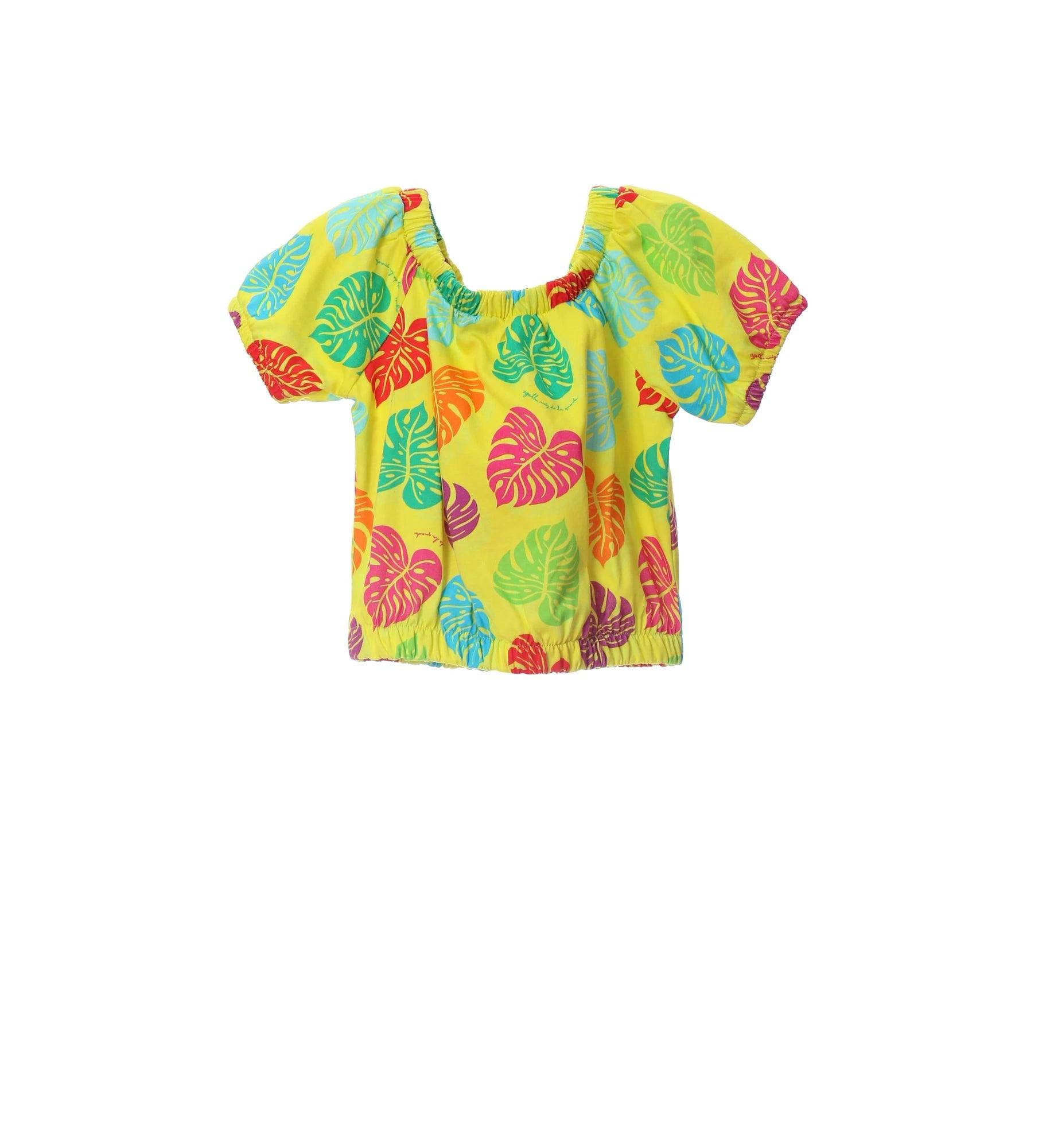 Camiseta hawaiana infantil de mangas globo con estampado tropical de hojas multicolor