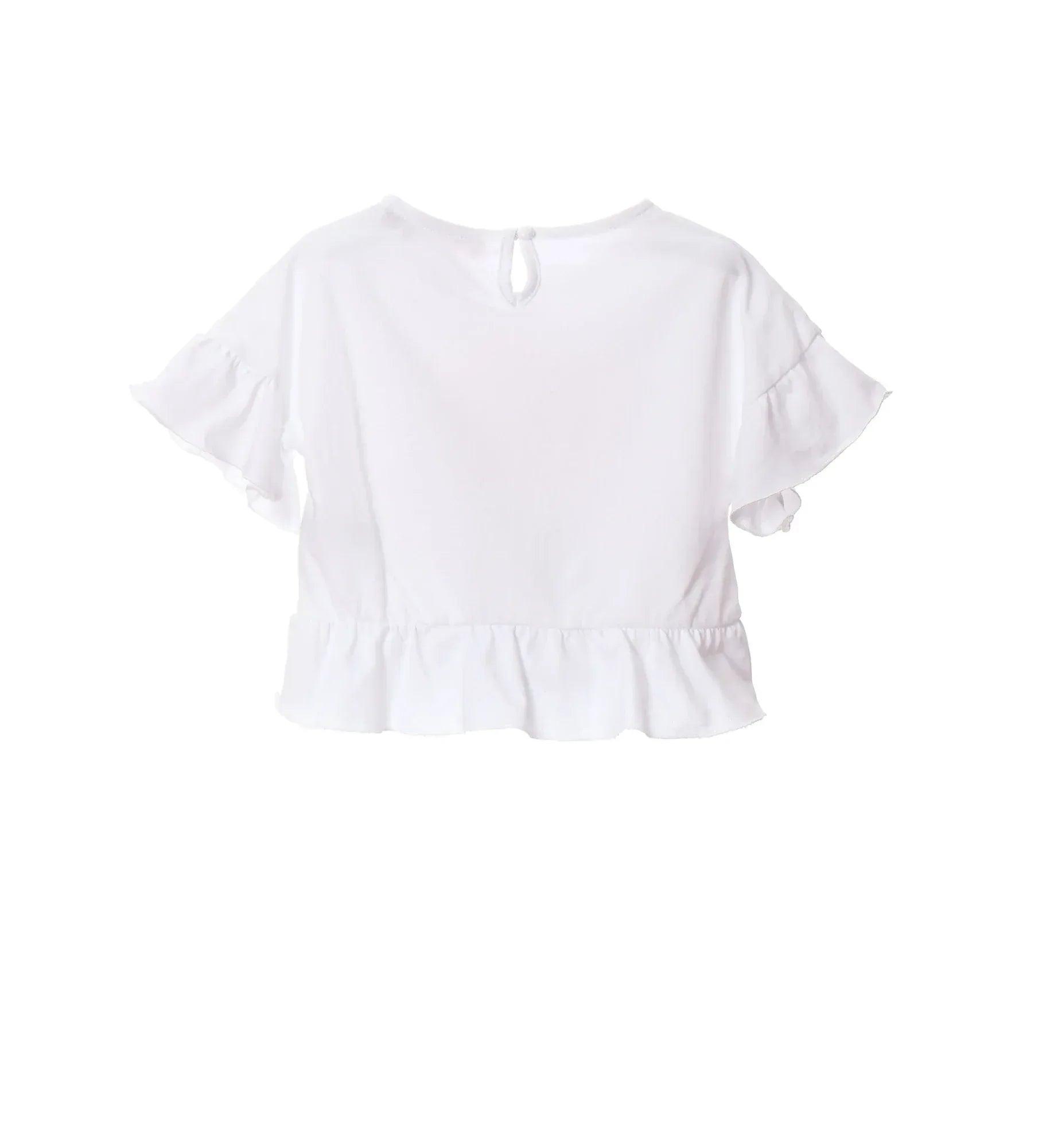 Camiseta blanca GOA lisa con volante en la parte baja y abertura en el cuello