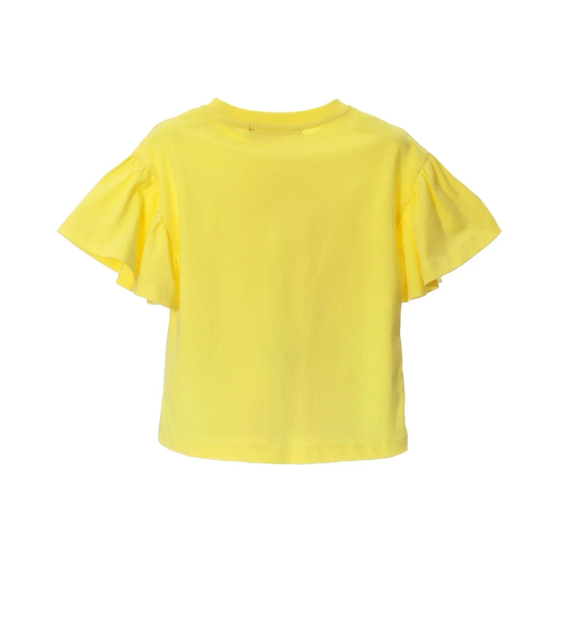 Camiseta de niña amarilla lisa con cuello redondo y mangas cortas