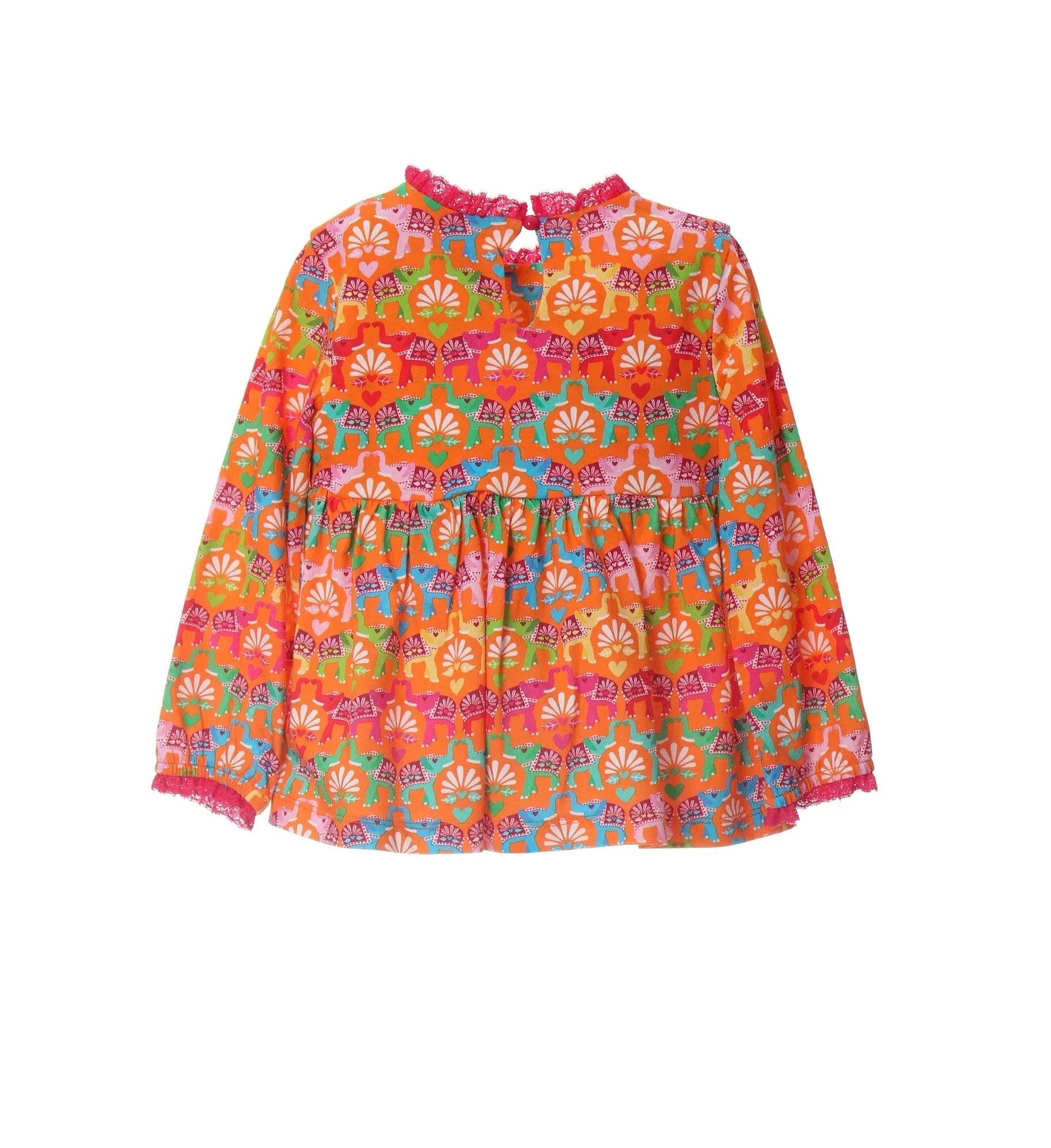 Camiseta de manga larga estampada con blonda fucsia en el cuello y puños