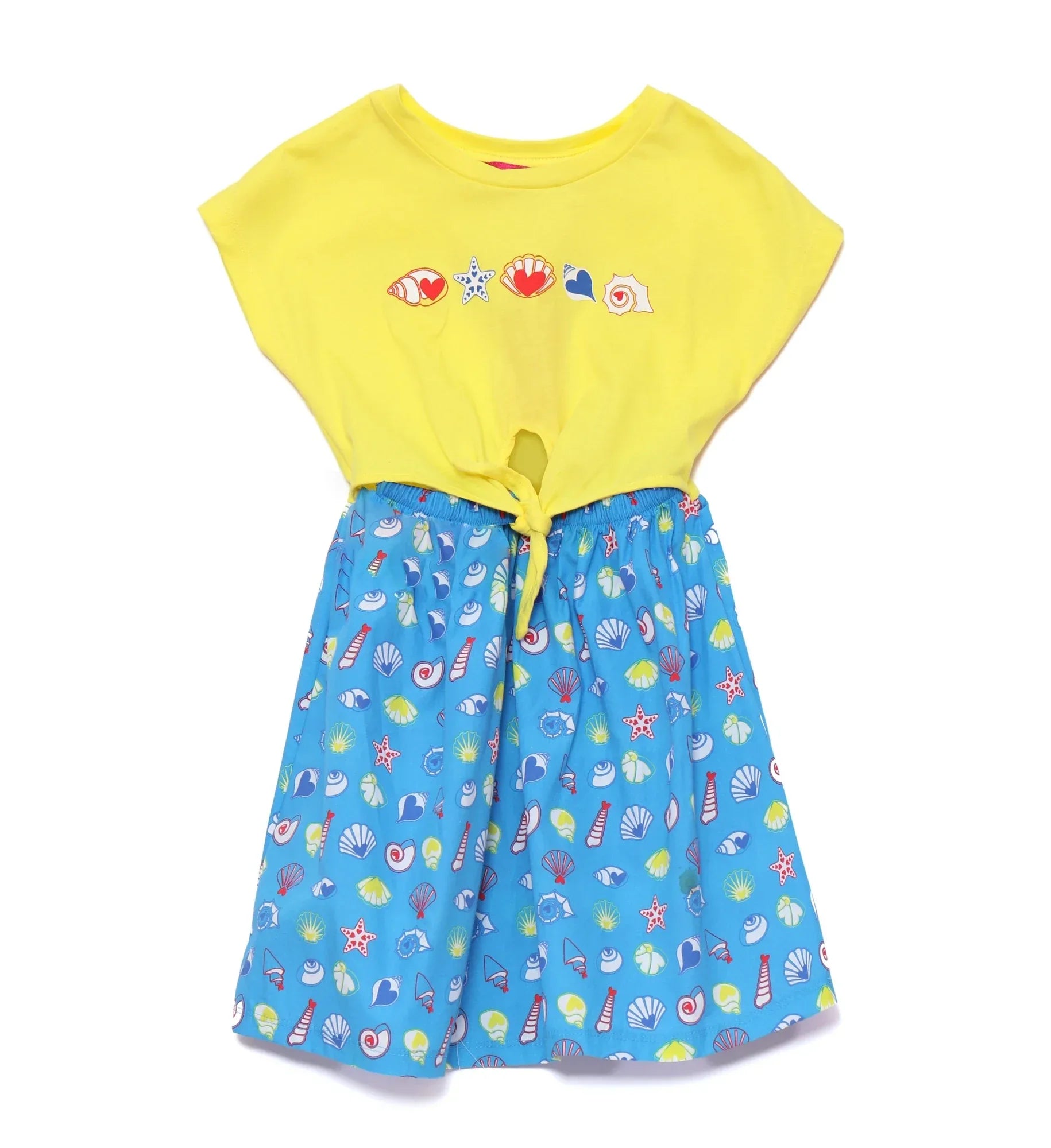 VESTIDO AMARILLO CON NUDO Y FALDA ESTAMPADO CONCHAS - Agatha Ruiz de la Prada
