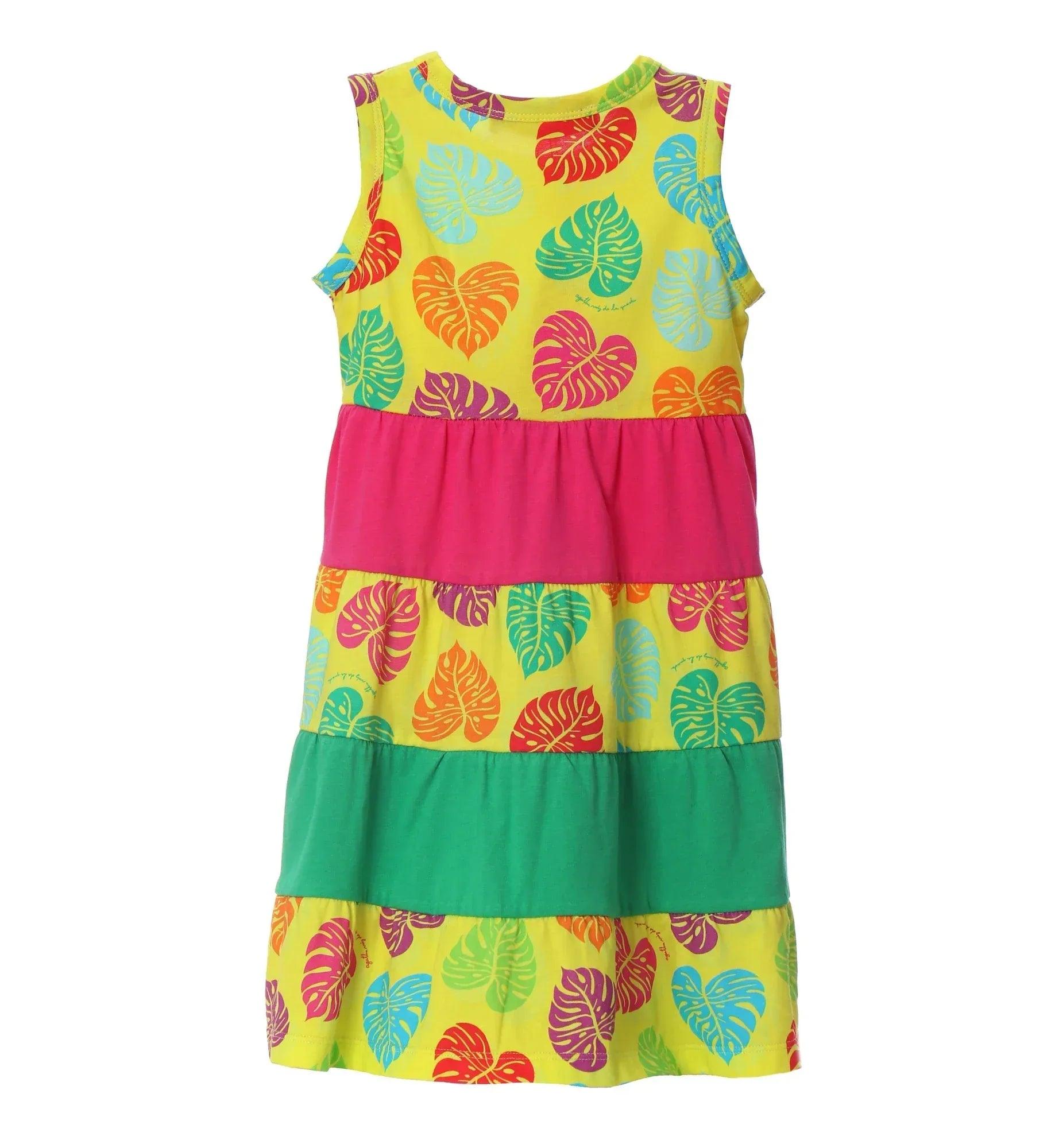 Vestido hawaiano sin mangas con cuello redondo y capas de tela en franjas multicolor