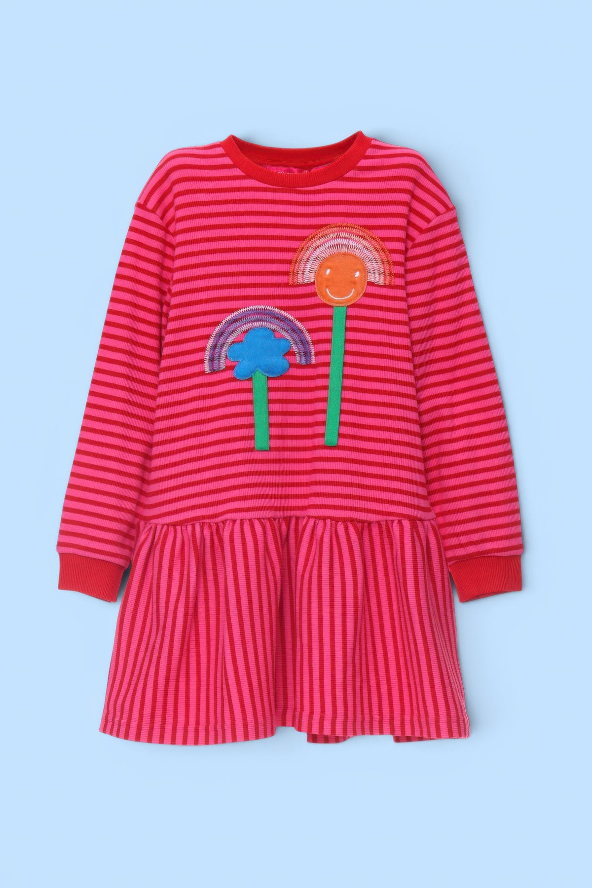 VESTIDO RAYAS FUCSIA ROSA CON ICONO ARCOIRIS