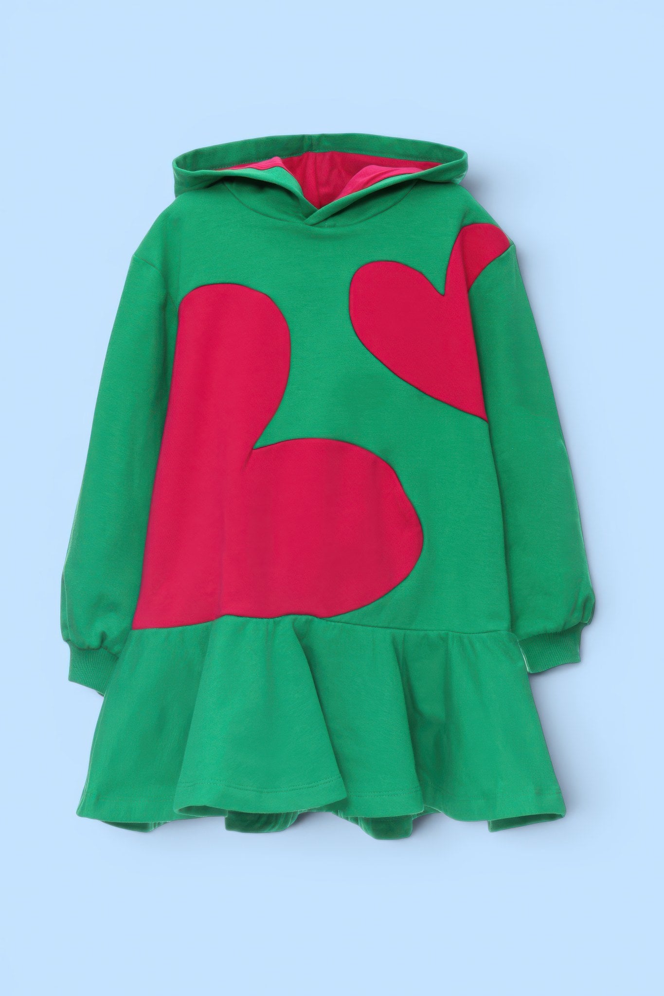 VESTIDO VERDE CAPUCHA 2 CORAZONES FUCSIA