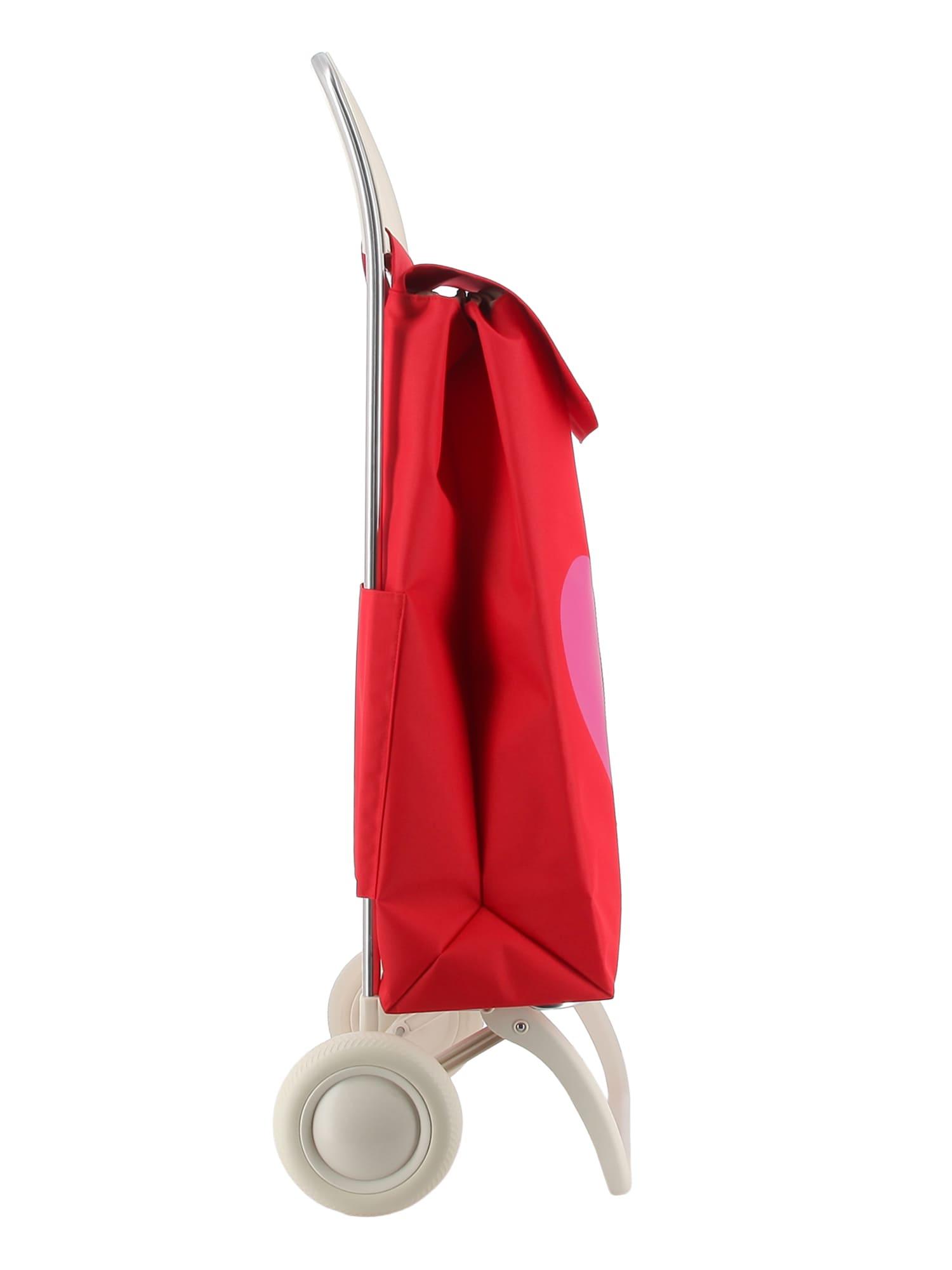 Carrito rojo con asa metálica blanca, dos ruedas y bolsa con corazón lila