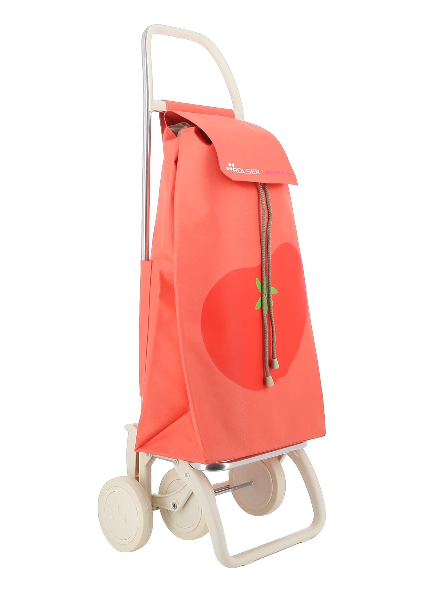 Carrito de compras no plegable con bolsa naranja y asa blanca, ruedas de soporte
