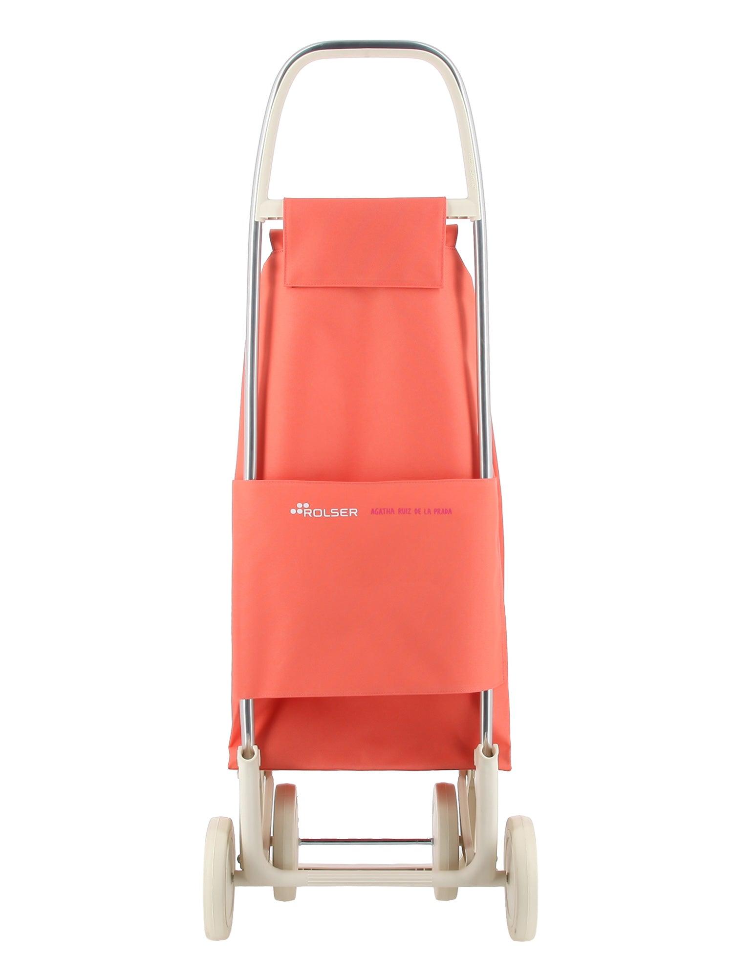 Carro de compra con 4 ruedas y bolsa coral lisa, asa tubular superior y soporte