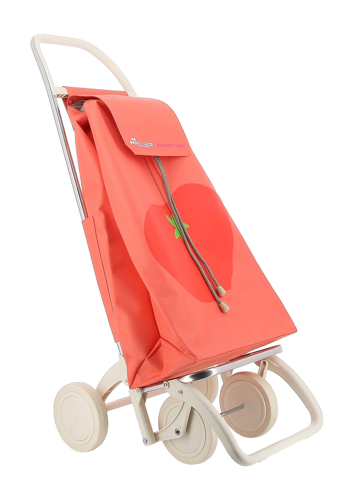 Carro de compra 4 ruedas con bolsa coral inclinada, asa tubular y tiras verdes