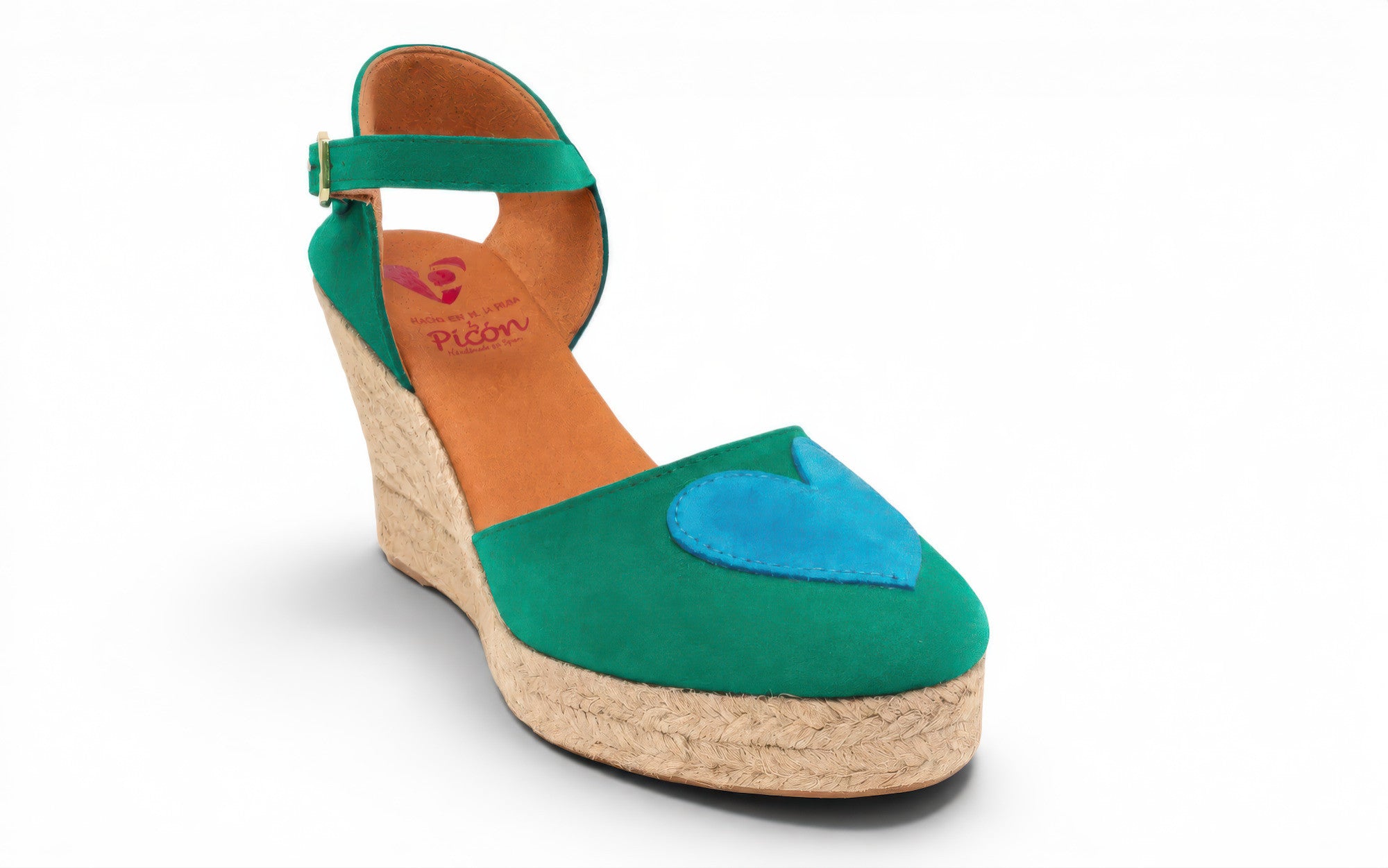 Alpargata tipo cuña verde con pulsera ajustable y pala azulada
