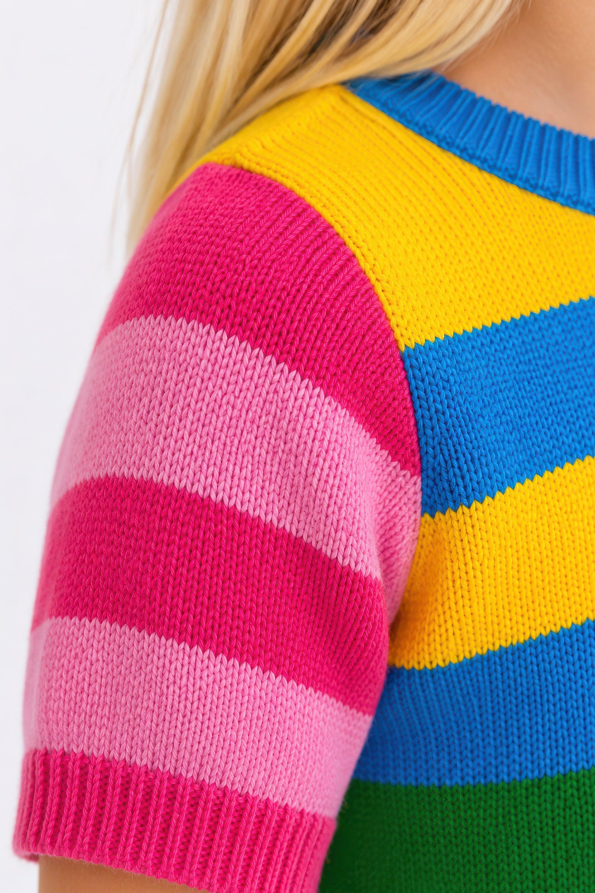 Manga corta de jersey de rayas fucsia, amarillo, azul y verde